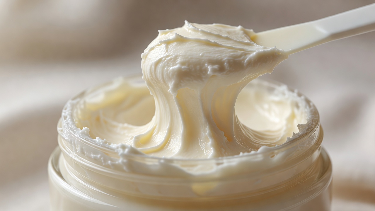 Shallow depth-of-field macro of a thick rich cream lifted from a jar on a spatula