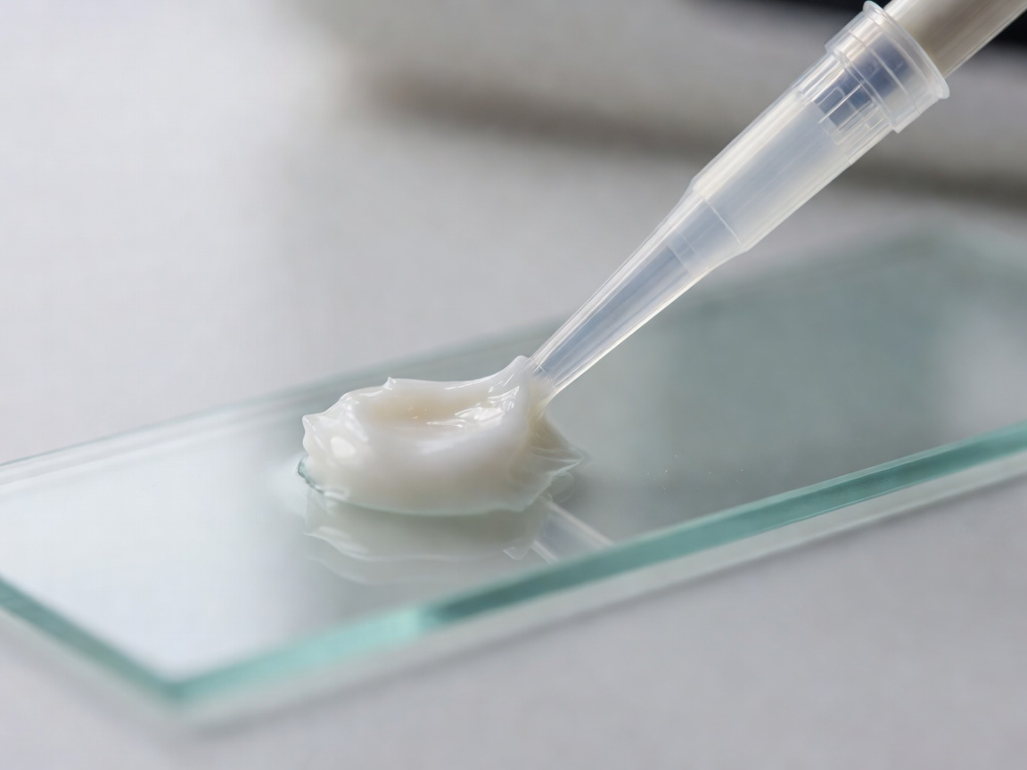 Macro view of a laboratory pipette tip touching a small sample of white cream on a glass slide