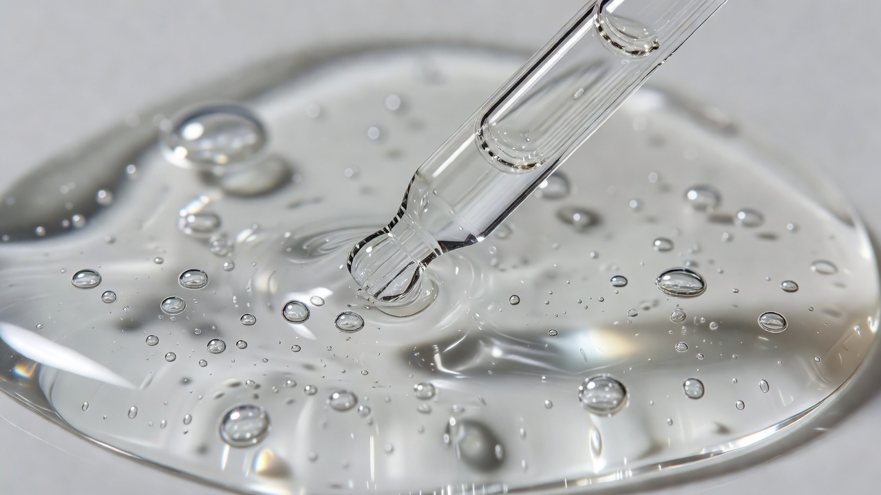 Macro image of a glass pipette inside clear serum with tiny suspended air bubbles