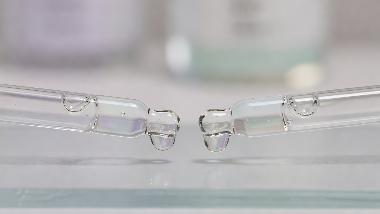 Macro photograph of two glass dropper tips side by side, each with a drop of serum, in soft focus